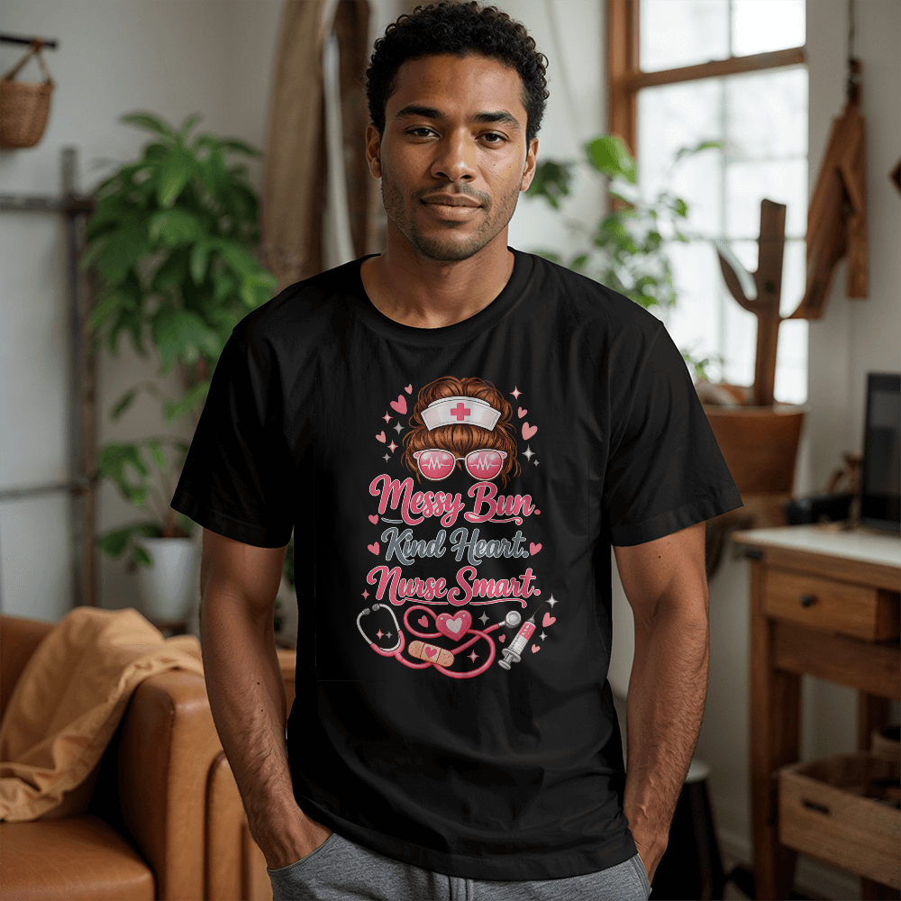 Stylish Nurse Life Shirt – Messy Bun, Kind Heart, Nurse Smart