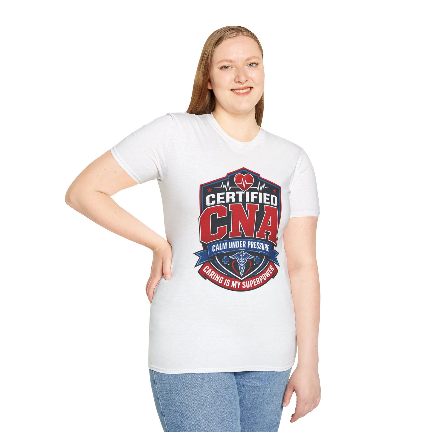 CNA T-Shirt – "Certified CNA: Calm Under Pressure, Caring Is My Superpower" Healthcare Worker Tee