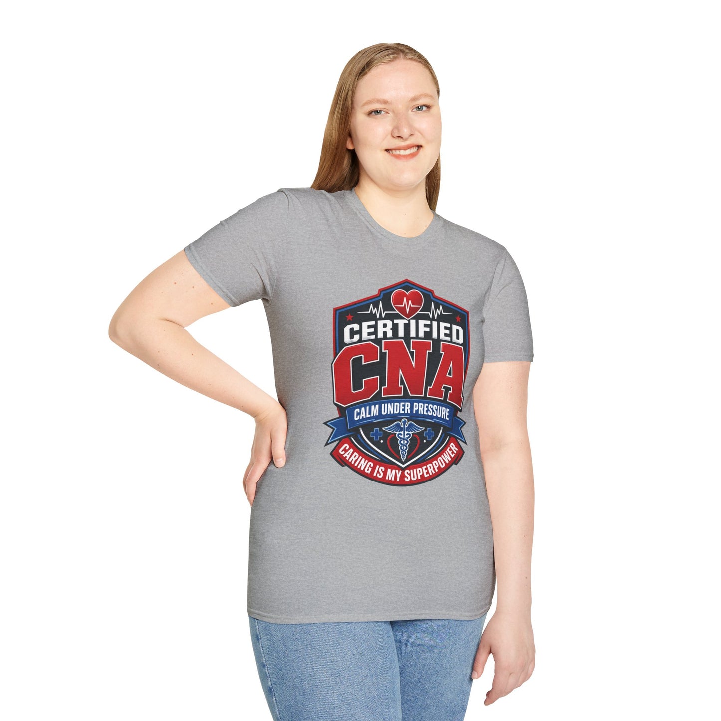 CNA T-Shirt – "Certified CNA: Calm Under Pressure, Caring Is My Superpower" Healthcare Worker Tee