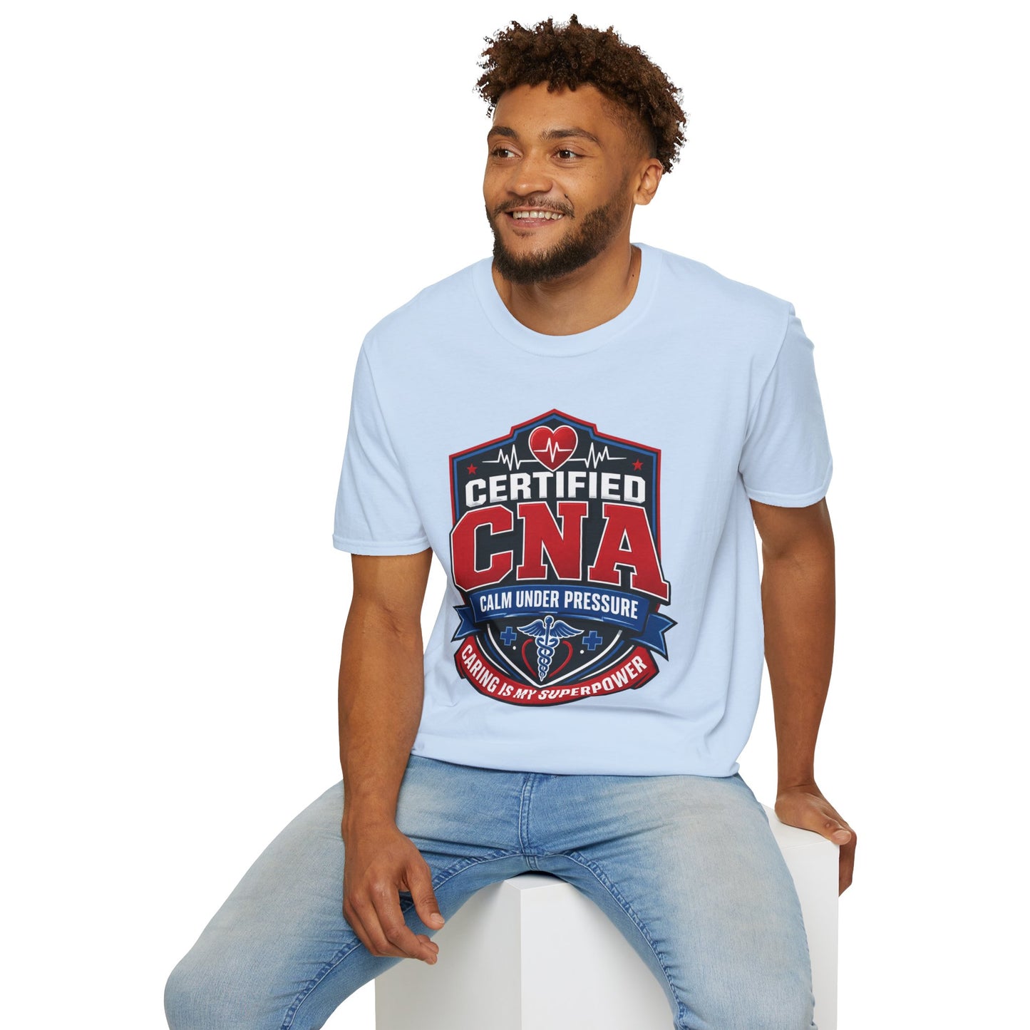 CNA T-Shirt – "Certified CNA: Calm Under Pressure, Caring Is My Superpower" Healthcare Worker Tee