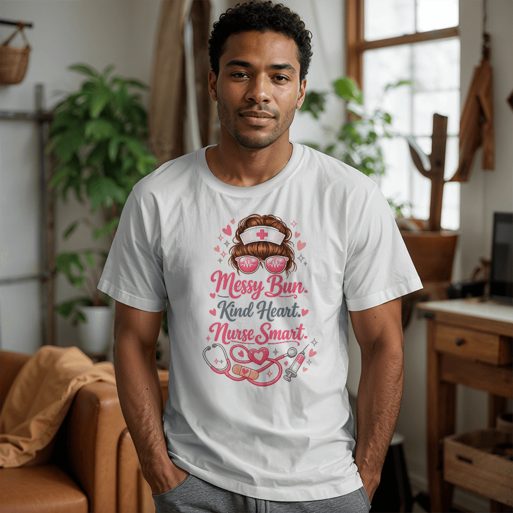 Stylish Nurse Life Shirt – Messy Bun, Kind Heart, Nurse Smart