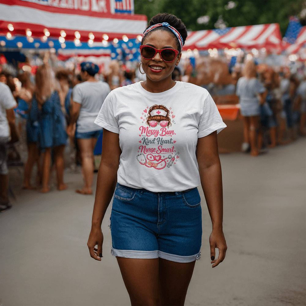 Stylish Nurse Life Shirt – Messy Bun, Kind Heart, Nurse Smart