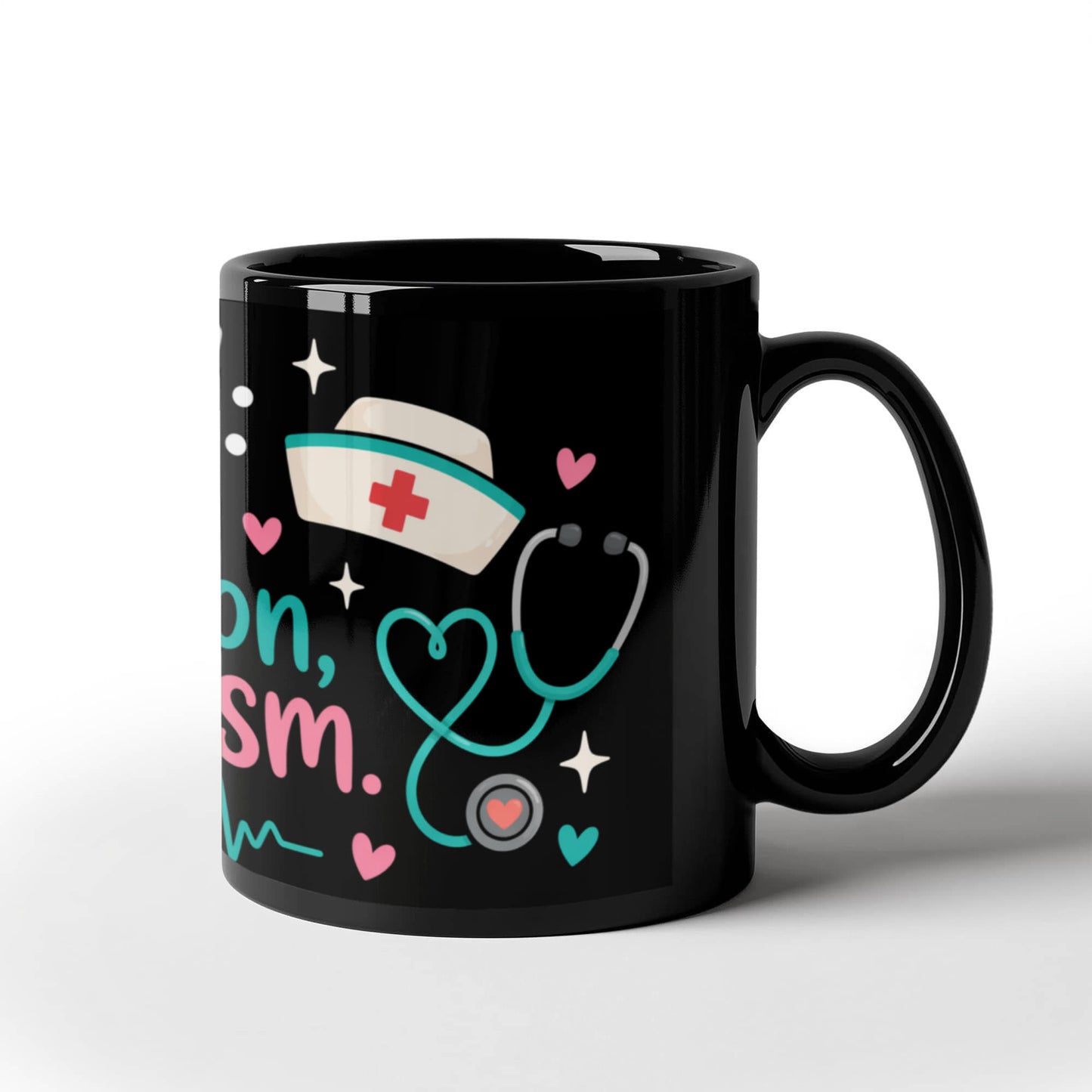 Funny Nurse Mug – Caffeine, Compassion & Sarcasm Black Ceramic Coffee Mug