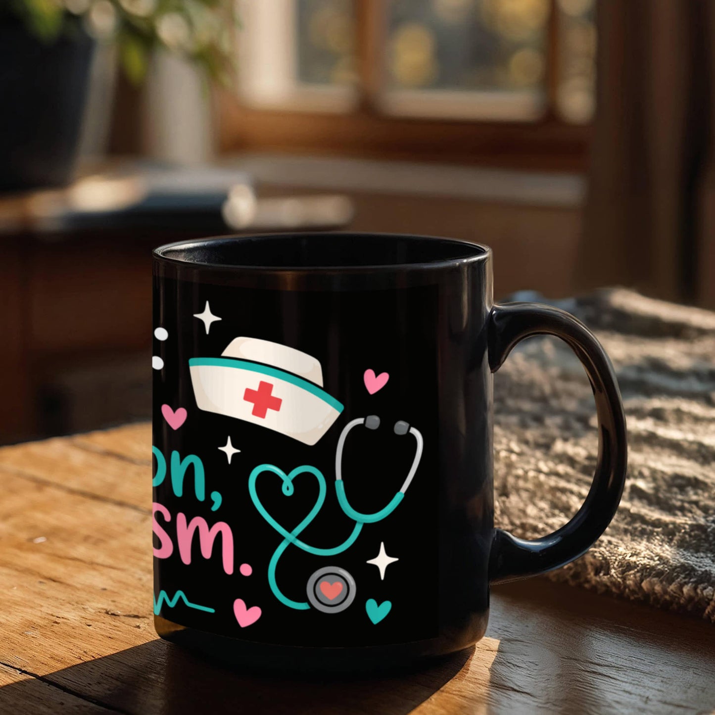 Funny Nurse Mug – Caffeine, Compassion & Sarcasm Black Ceramic Coffee Mug