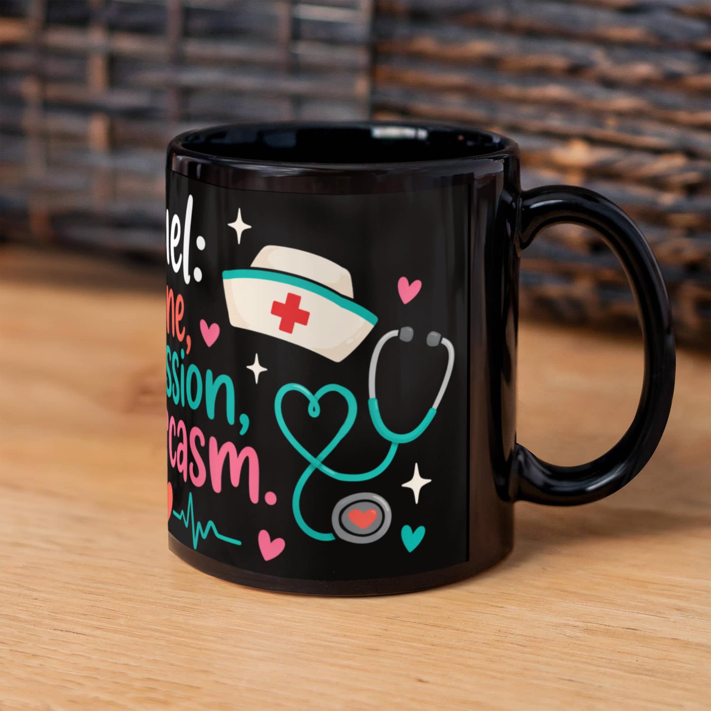 Funny Nurse Mug – Caffeine, Compassion & Sarcasm Black Ceramic Coffee Mug