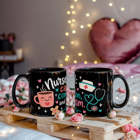 Funny Nurse Mug – Caffeine, Compassion & Sarcasm Black Ceramic Coffee Mug